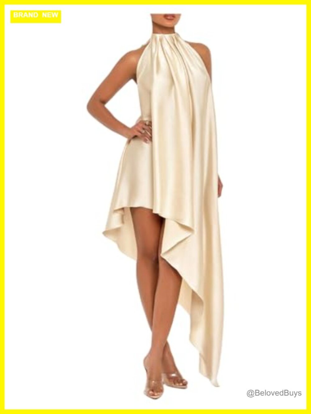 Satin Halter Maxi Dress Asymmetrical Ruffle Hem Cocktail Formal
